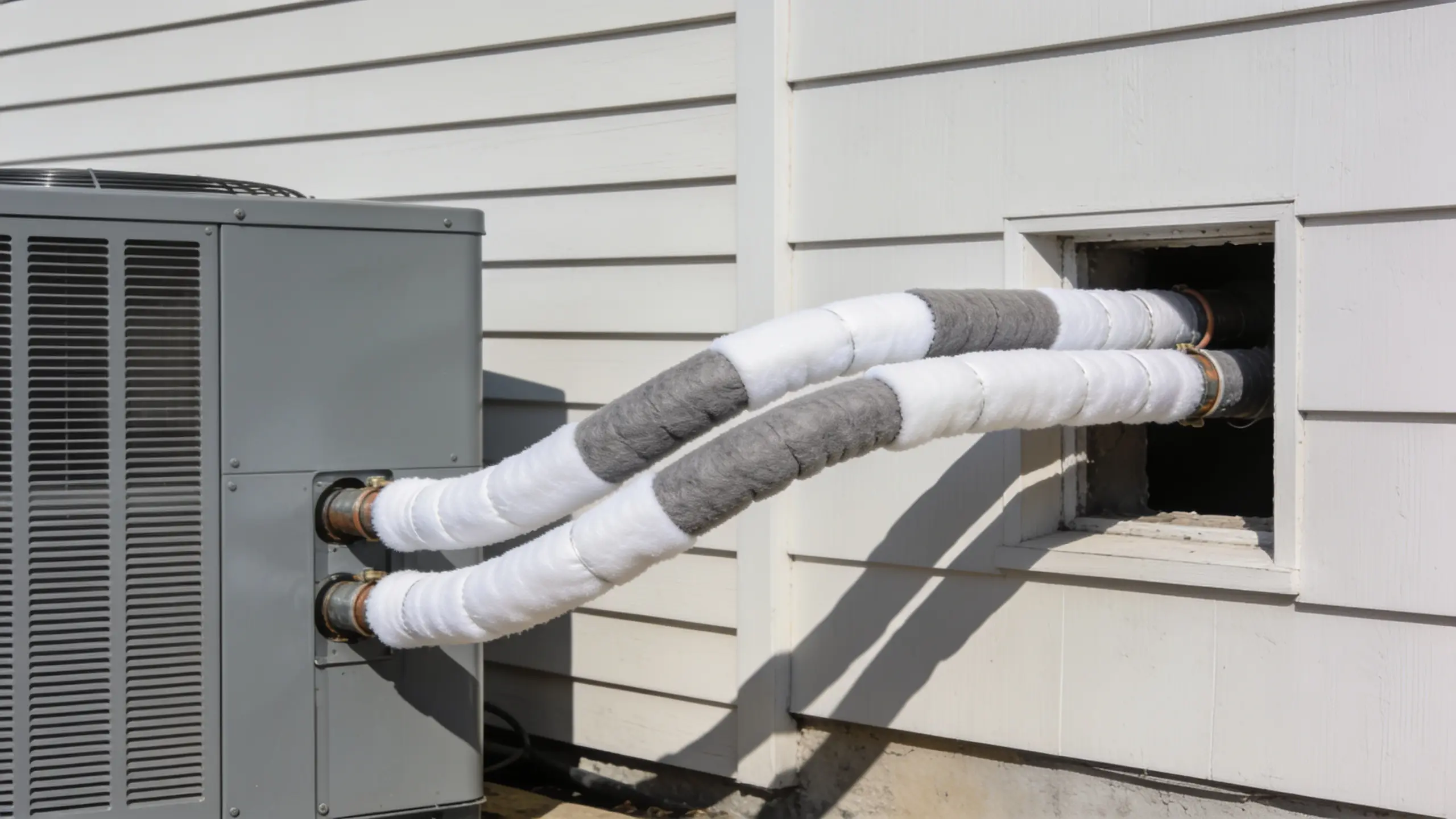 Insulated refrigerant lines running from an outdoor condenser cabinet into a penetration in the side wall of a house