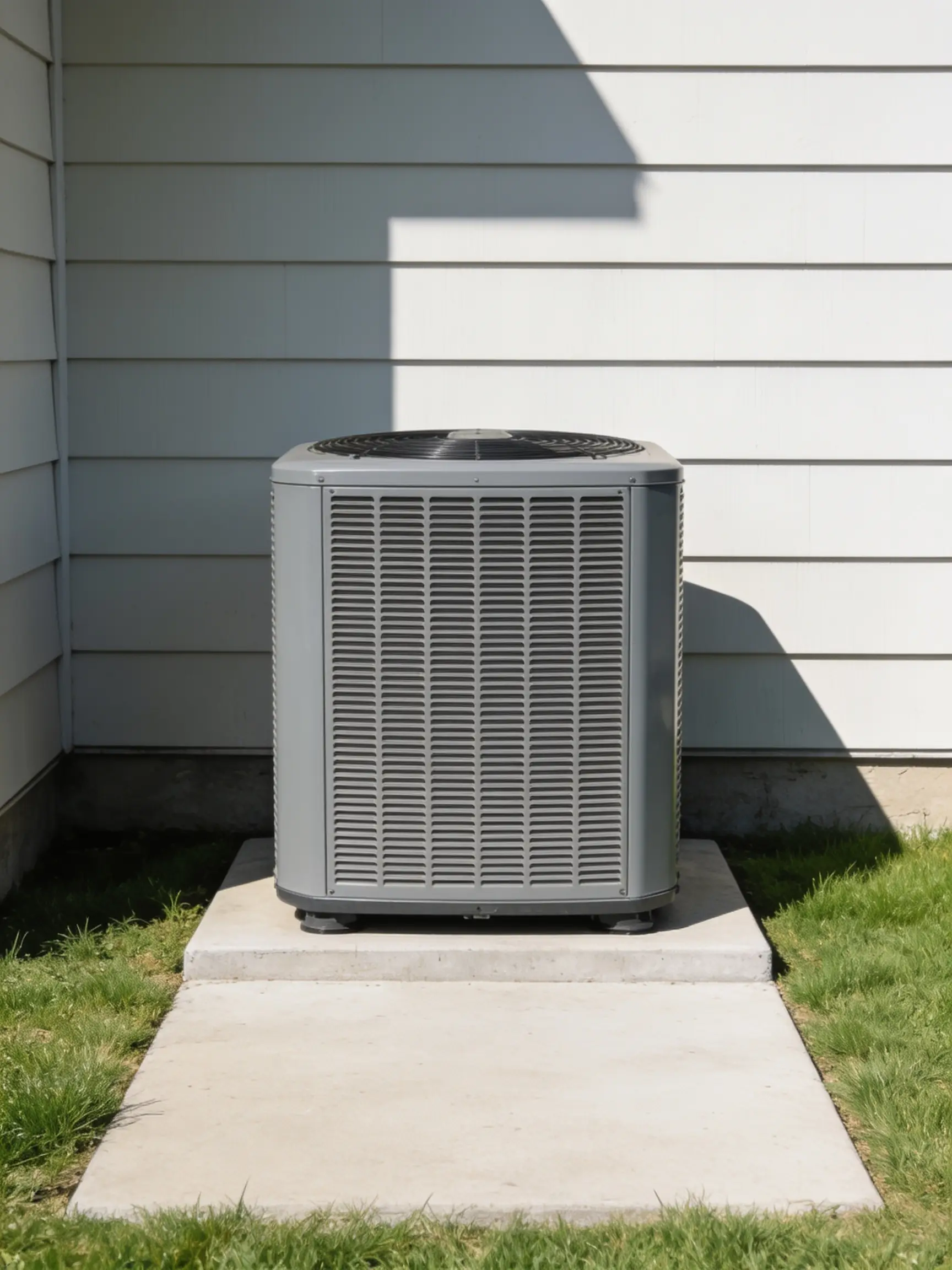 Outdoor condenser unit standing on a level pad beside a house with clear open space on every side of it