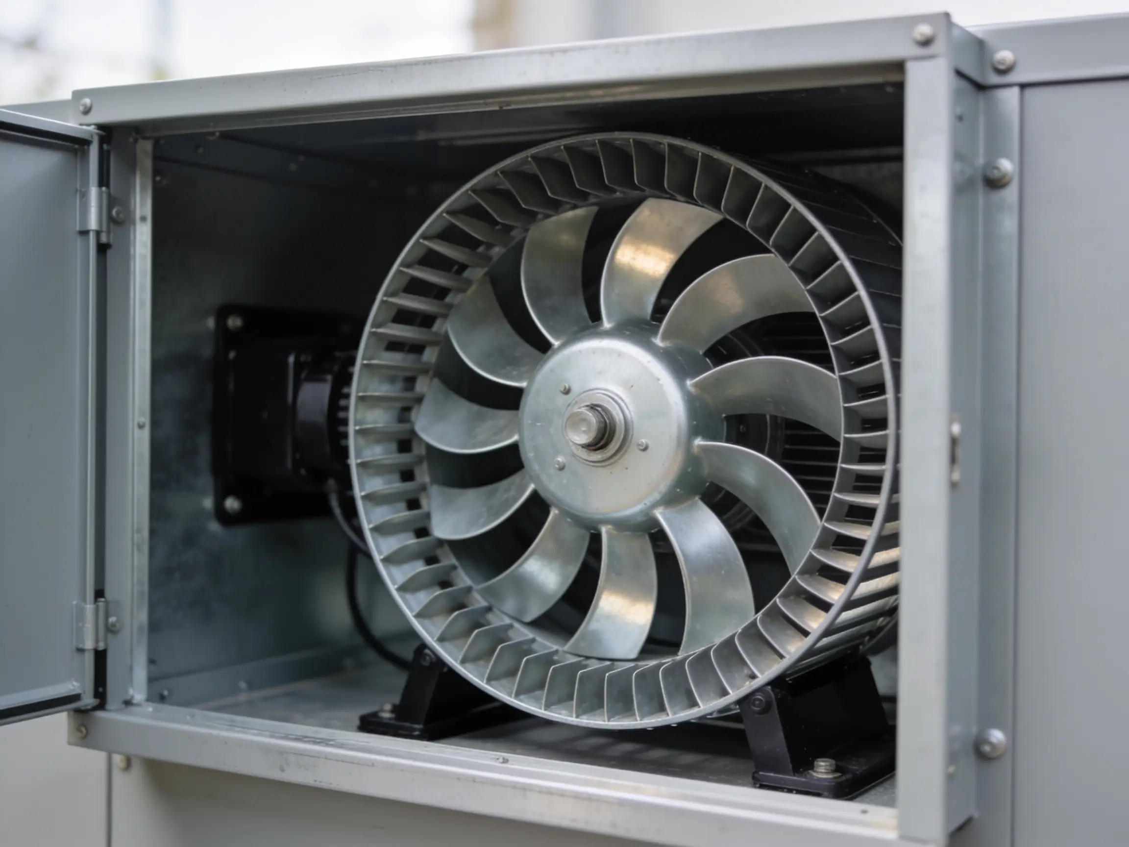 Squirrel cage blower wheel inside an air handler cabinet