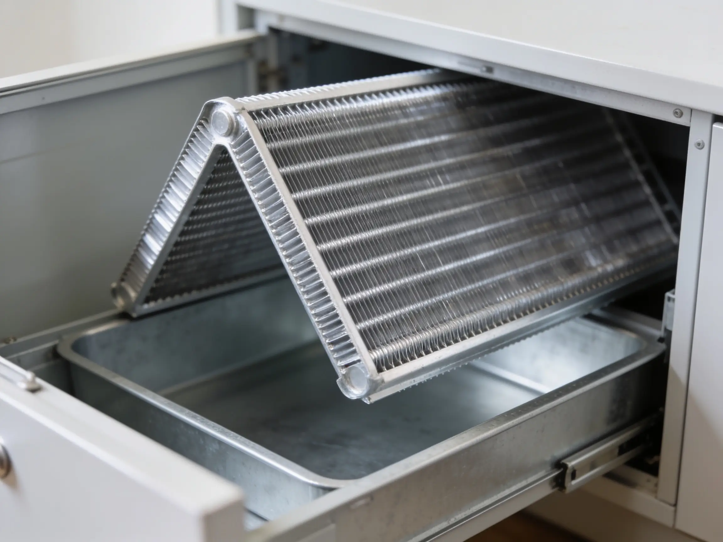 Finned indoor evaporator coil seen from the side above its drain pan