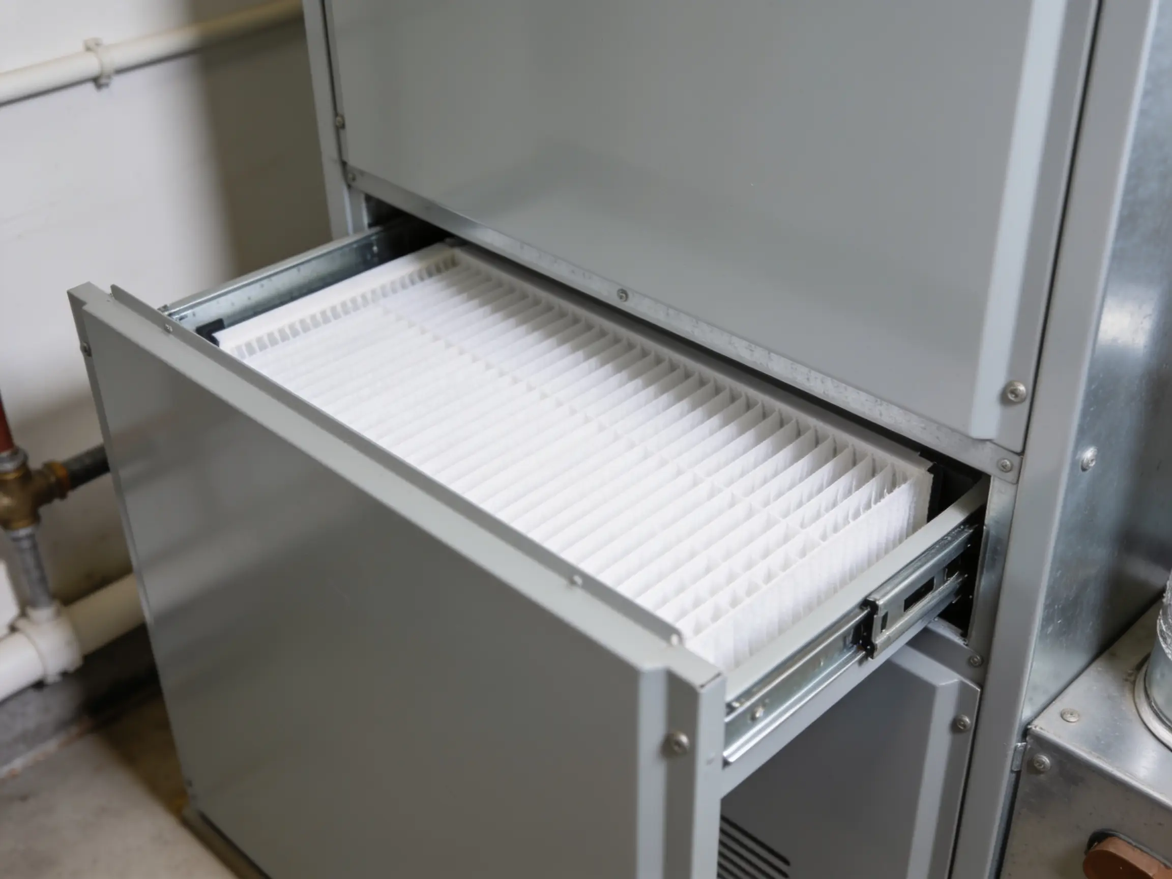 Pleated air filter seated in its slot at the return of an air handler