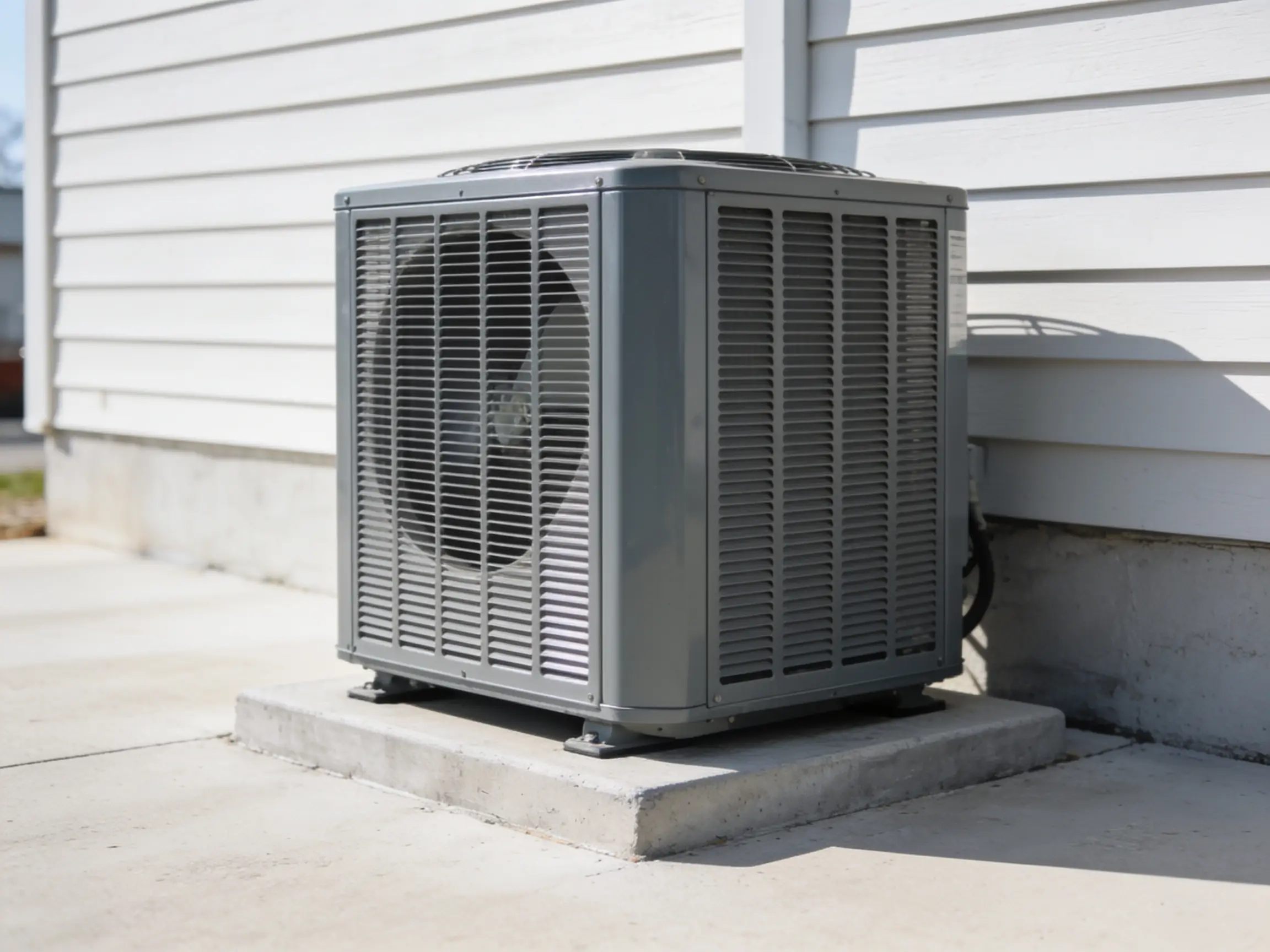 Outdoor condenser unit standing on a level pad beside a house wall