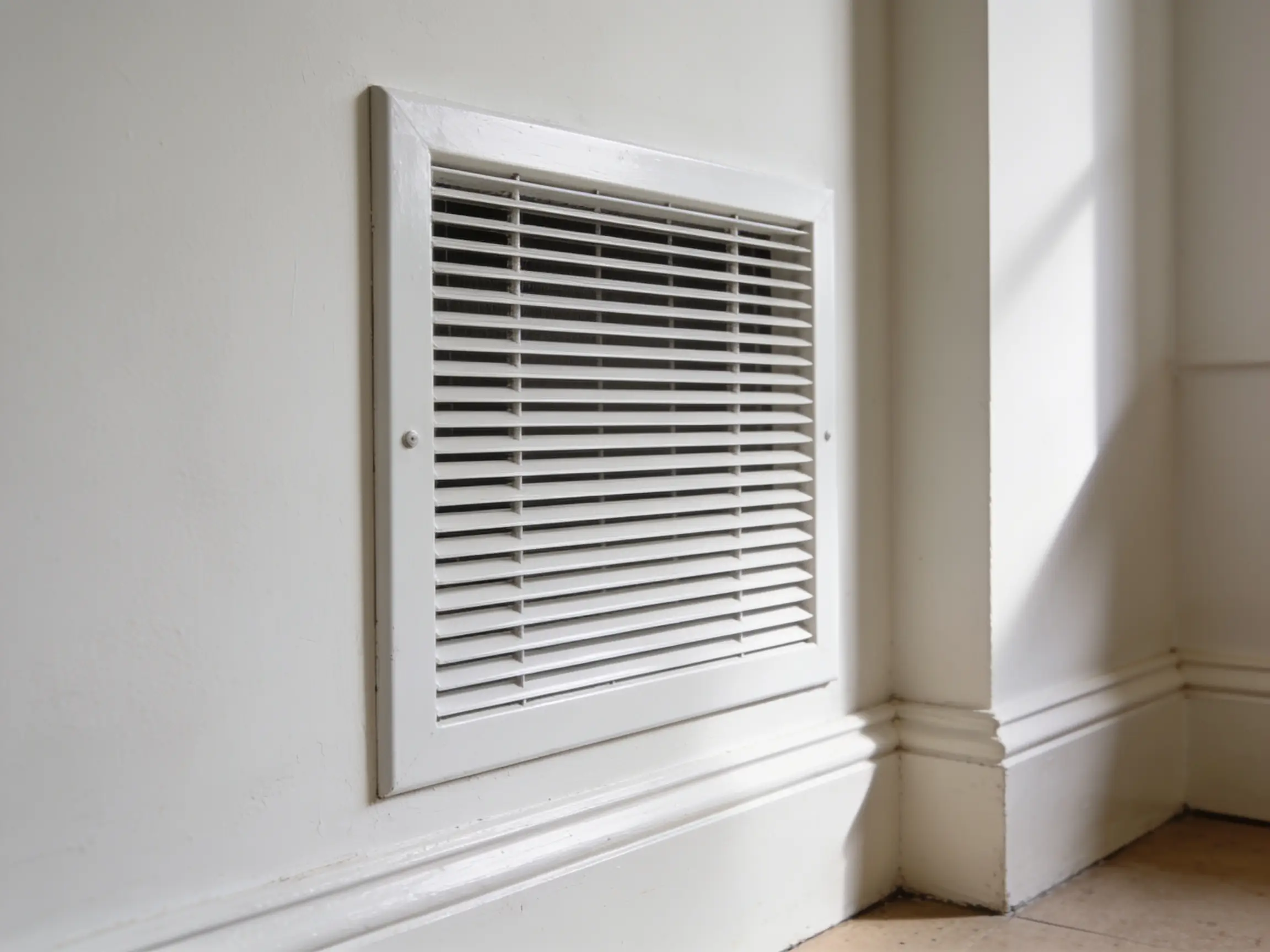 Wide louvred return air grille set into an interior wall
