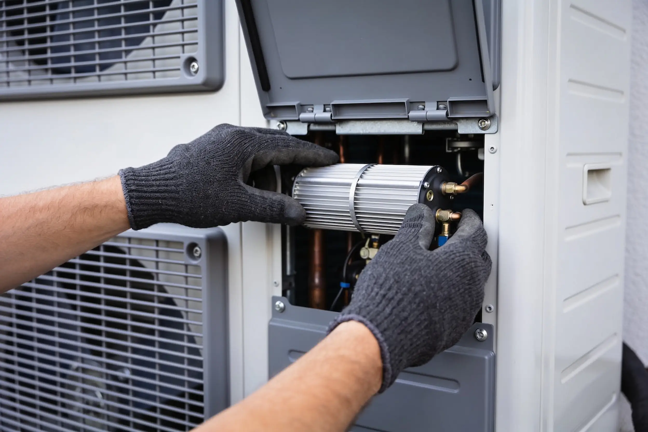 Gloved hands working at the open service panel of an outdoor condenser unit