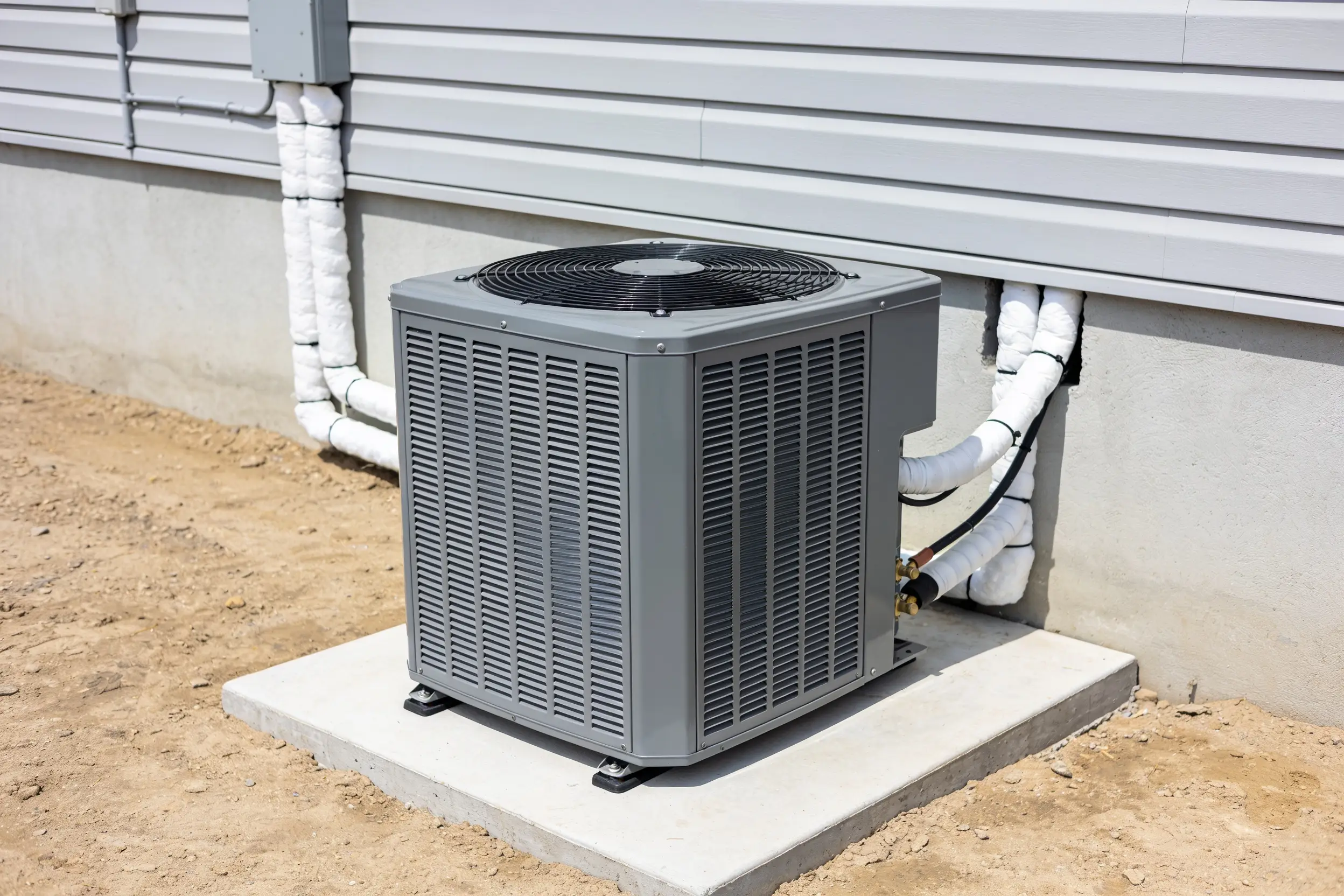 New outdoor condenser unit set on a fresh pad with its line set connected